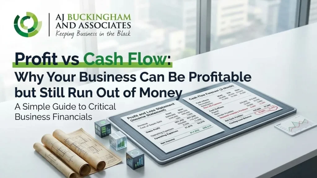 Profit vs Cash Flow guide graphic from AJ Buckingham and Associates showing a profit and loss statement and a three-month cash flow forecast on a desk